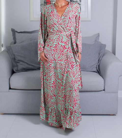 Kimono Longo  Zebra Verde E Vermelho