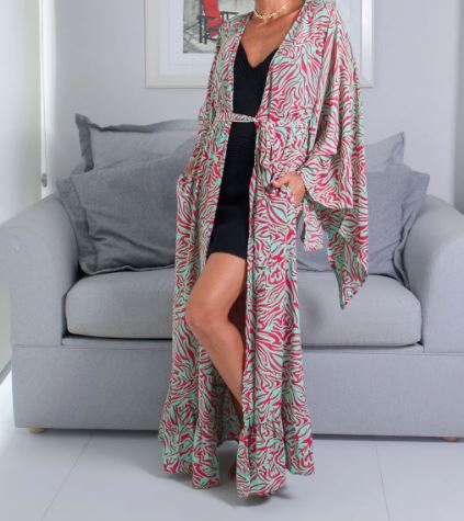 Kimono Longo  Zebra Verde E Vermelho